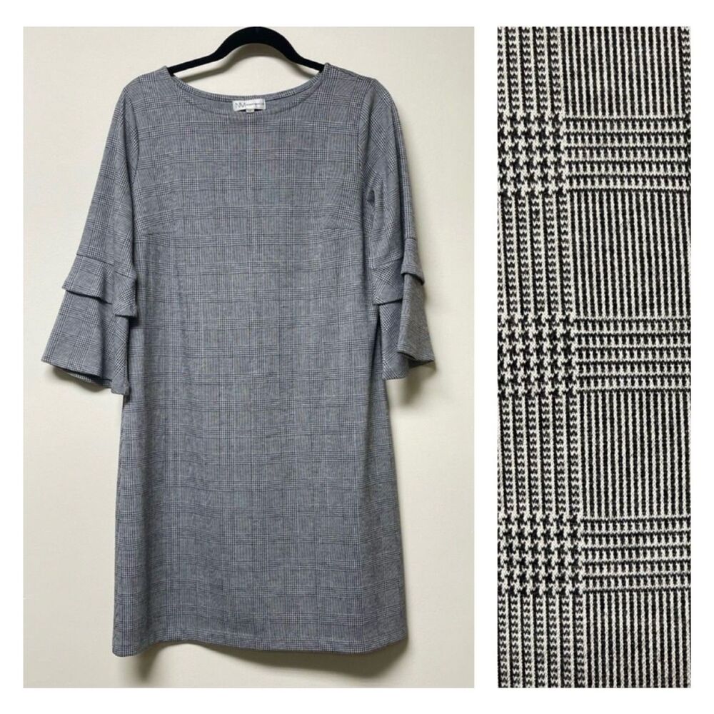 NEIMAN MARCUS Glen Plaid Layered Bell Sleeve Midi Dress, Sz 10